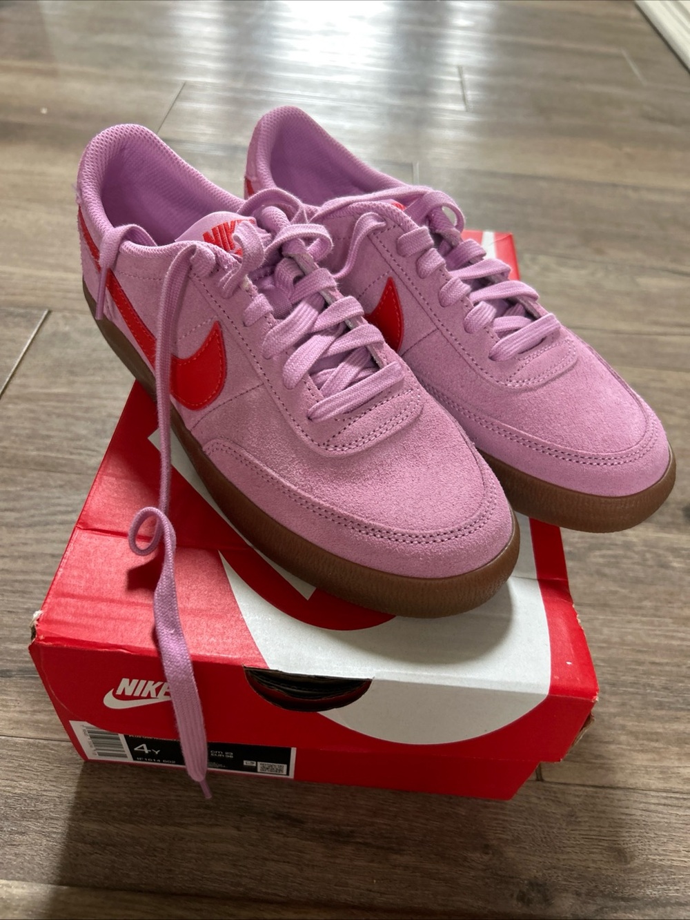 Nike Kids Pink Suede Sneakers with Orange/ Red Swoosh